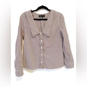 Zara Brown and White Gingham Button-Down Blouse